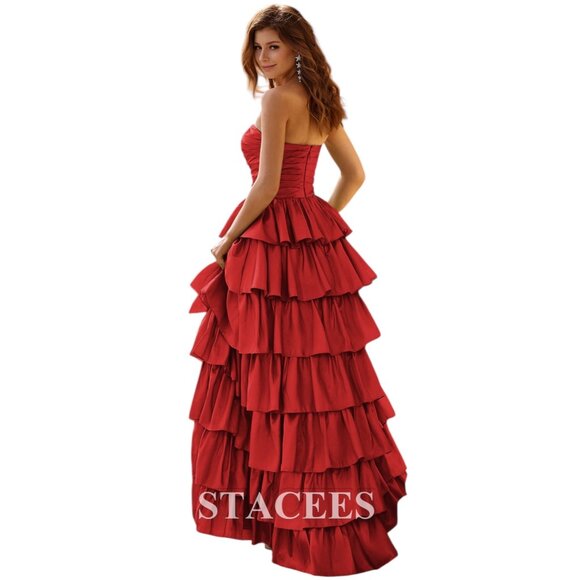 Red Strapless Tiered Ruffle Formal Evening Gown Dress Womens Size S Stacees Sati - Picture 2 of 14